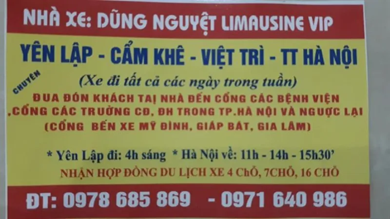 Nhà xe Dũng Nguyệt: Yên Lập - Hà Nội